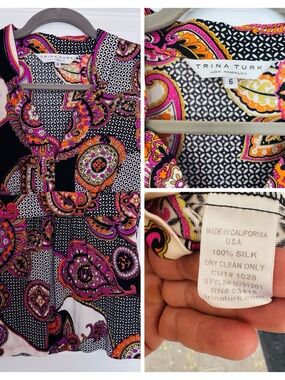 Trina Turk Black Silk Mini Dress with Pink & Orange Paisley Print
